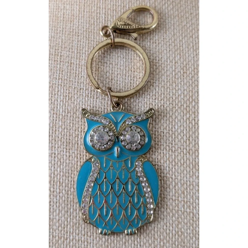 Turquoise Enamel Owl Keychain Rhinestone Gold Tone Owl Bag Charm